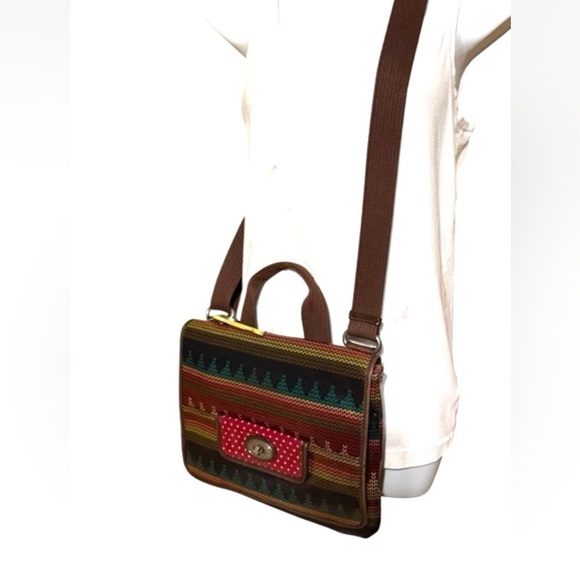 Fossil Key Per Coated Canvas Leather Trim Crossbody Messenger Bag Key charm - Picture 12 of 16